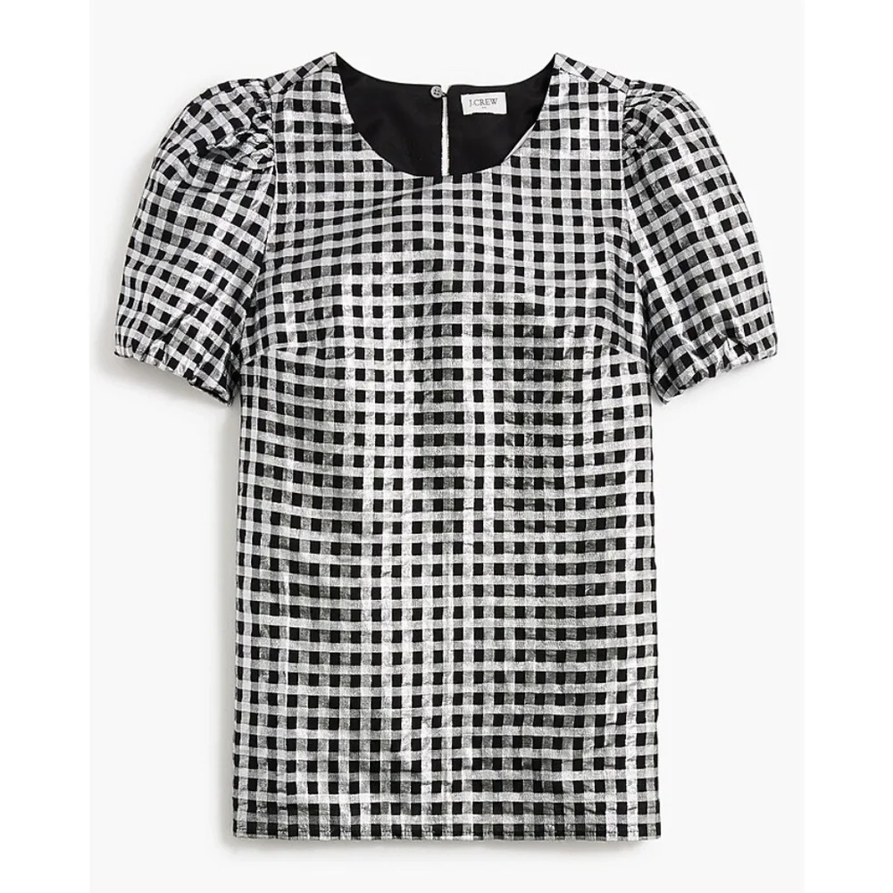 J. Crew Sz M Gingham Metallic Puff Sleeve Blouse Top Lined Round Neck Pullover‎